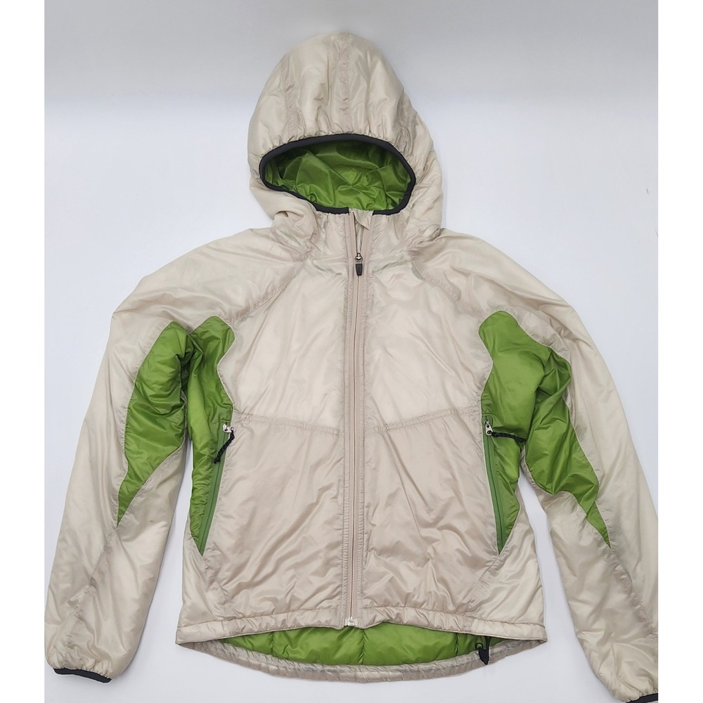 REI Women's S Quilted Hooded Jacket Beige/ Green Insulated PrimaLoft Pertex Eco